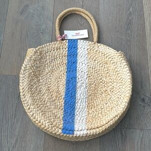 Vineyard Vines Woven Straw Round Tote Natural w/Deep Bay Sky Blue & White Stripe